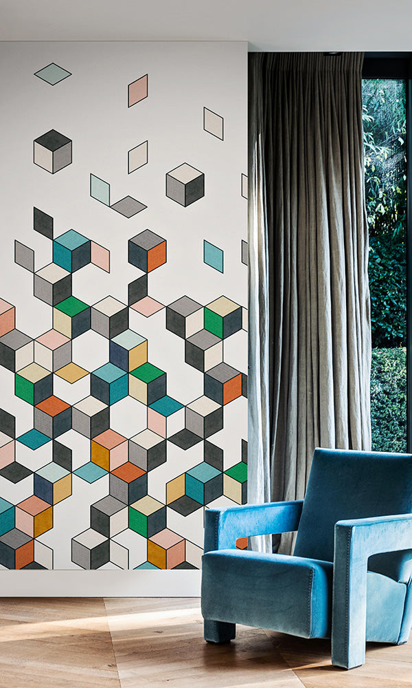 falling cube geometric wallpaper mural