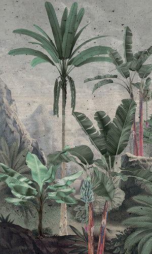 retro vintage illustrated tropical landscape wallpaper